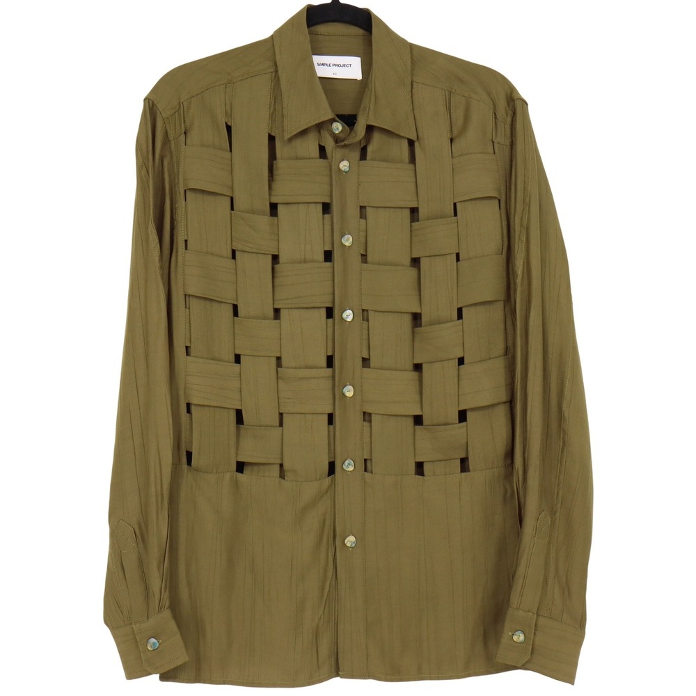 Simple Project Women's Size XS Olive Green Basketweave Cut Out Button Up Shirt